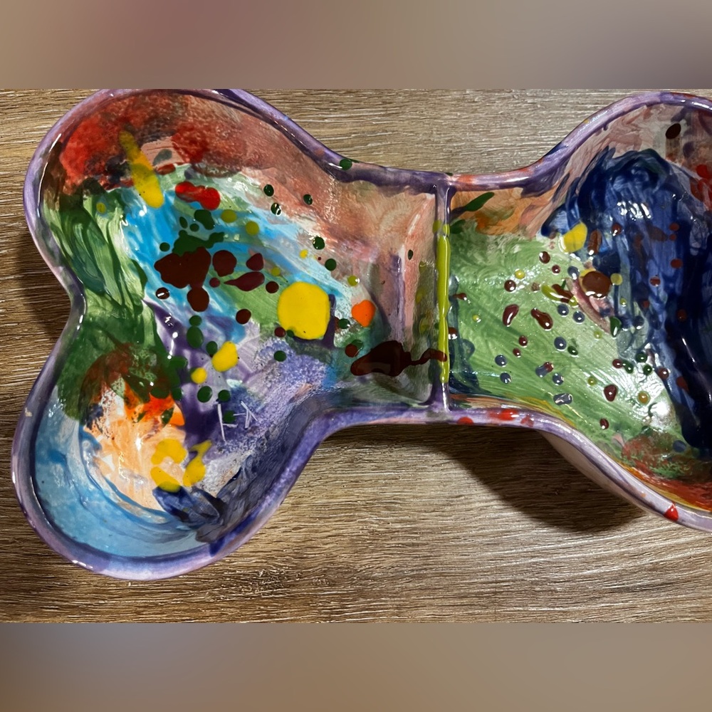 Handmade Pottery Dog Bowl Double Dish Art Ceramic Colorful Unique Signed 2022 - Picture 4 of 7